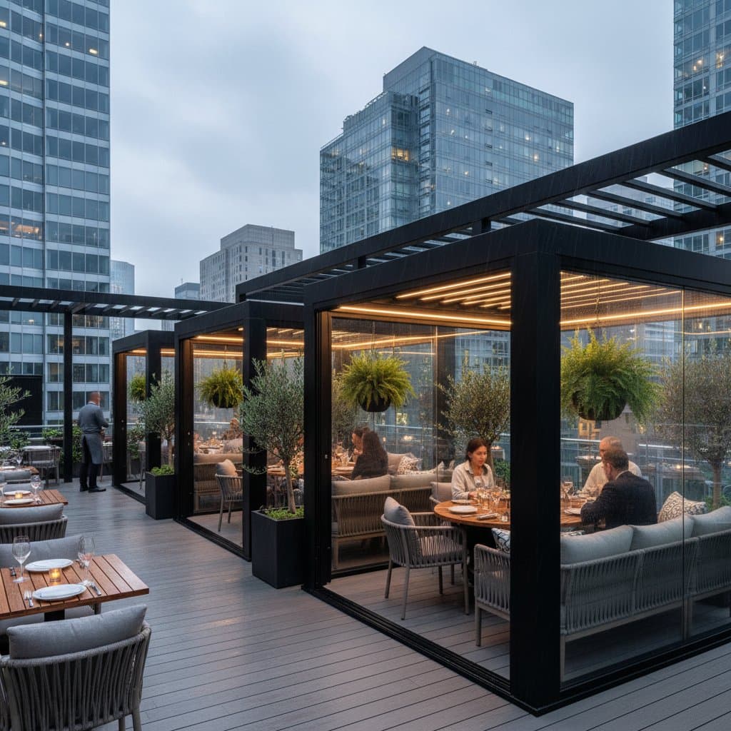 Featured image for Pergola Pods Turn Rainy Rooftops Into Year-Round Dining
